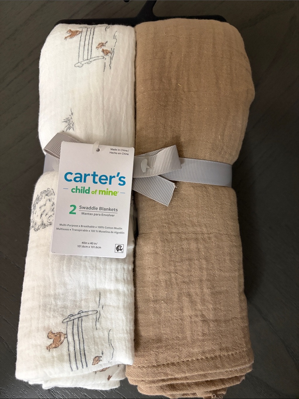 Carter's Baby Muslin Swaddle Set in White & Tan with Woodland Motif